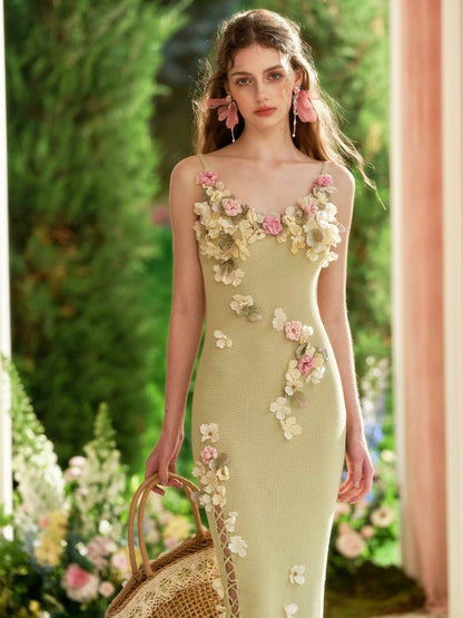LaceMade Green Chanson French heavy design flower wool knitted suspenders green slit dress