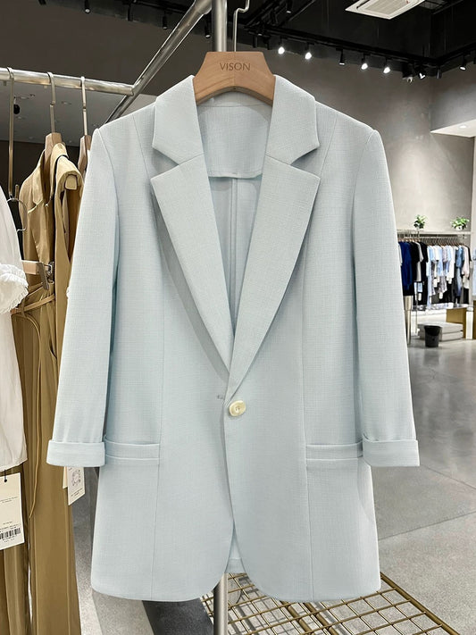 Blue Korean style small suit jacket for women summer thin straight three-quarter sleeves 2025 new commuter professional suit trend