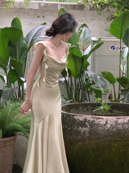 From a moment suspender satin dress women's summer new temperament fairy fishtail pure desire banquet long skirt