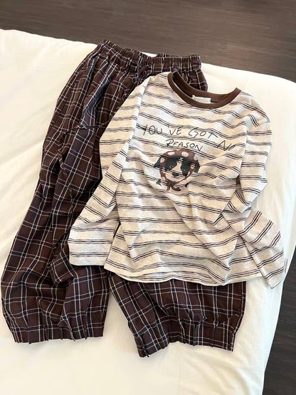 Korean-style relaxed-fit long-sleeved pajama set for women: features a striped top with a puppy print and plaid trousers—suitable for lounging or casual wear.