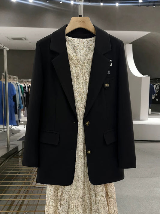 Black Hepburn style slim suit jacket for women 2025 new spring and autumn British style suit college formal uniform