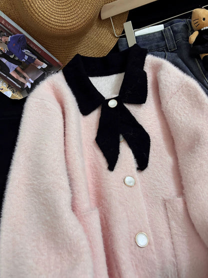 Korean style soft pink short cardigan for women, 2025 autumn and winter new style, student mink fleece knitted cardigan top