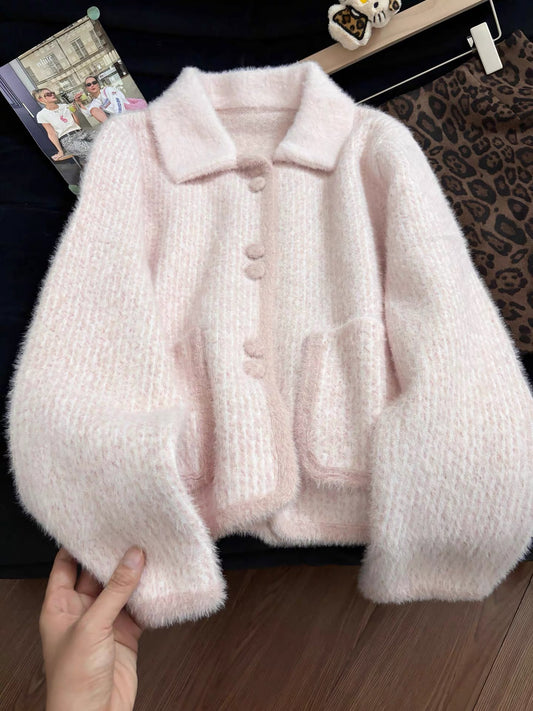 No pilling, Korean style, pretty pink collared sweater cardigan, new autumn and winter style, loose, casual, versatile knitted top