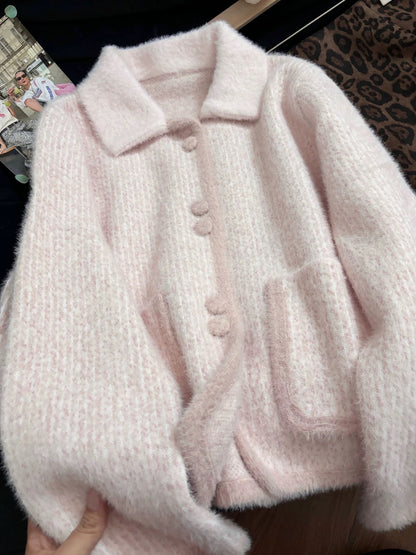 No pilling, Korean style, pretty pink collared sweater cardigan, new autumn and winter style, loose, casual, versatile knitted top