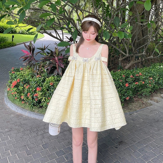 Suspender dress women's summer loose baby doll yellow jacquard heavy industry daughter French style little fragrance suspender dress