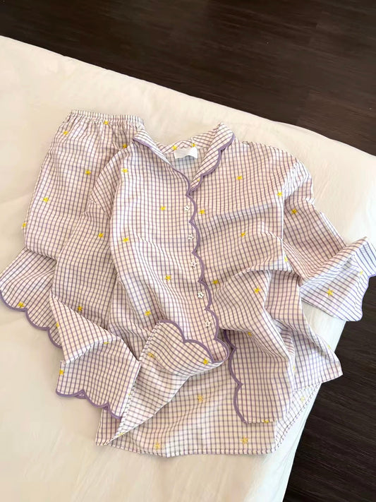 Women's Sweet Taro-Purple Plaid Pajama Set – Autumn 2026 Long-Sleeve & Trouser Loungewear (Suitable for Going Out / Plus Size)