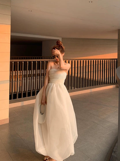 Tongse seaside vacation one-shoulder chest-wrapped dress for women summer high-waist tube top dress slimming puffy princess dress