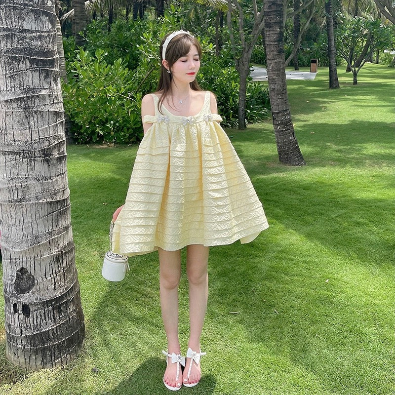 Suspender dress women's summer loose baby doll yellow jacquard heavy industry daughter French style little fragrance suspender dress