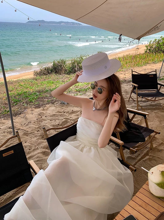 Tongse seaside vacation one-shoulder chest-wrapped dress for women summer high-waist tube top dress slimming puffy princess dress