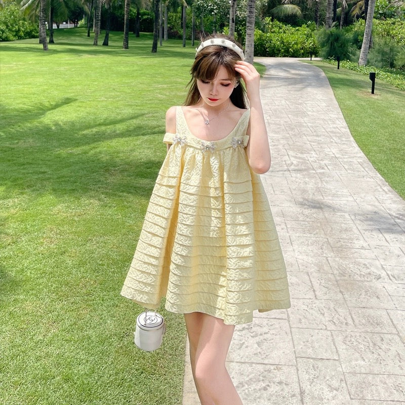 Suspender dress women's summer loose baby doll yellow jacquard heavy industry daughter French style little fragrance suspender dress