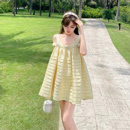 Suspender dress women's summer loose baby doll yellow jacquard heavy industry daughter French style little fragrance suspender dress