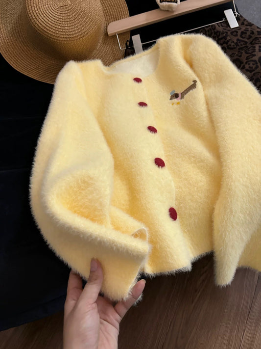 Soft mohair, youthful dachshund embroidery, 2025 autumn/winter loose-fitting slimming round neck cardigan sweater for women.