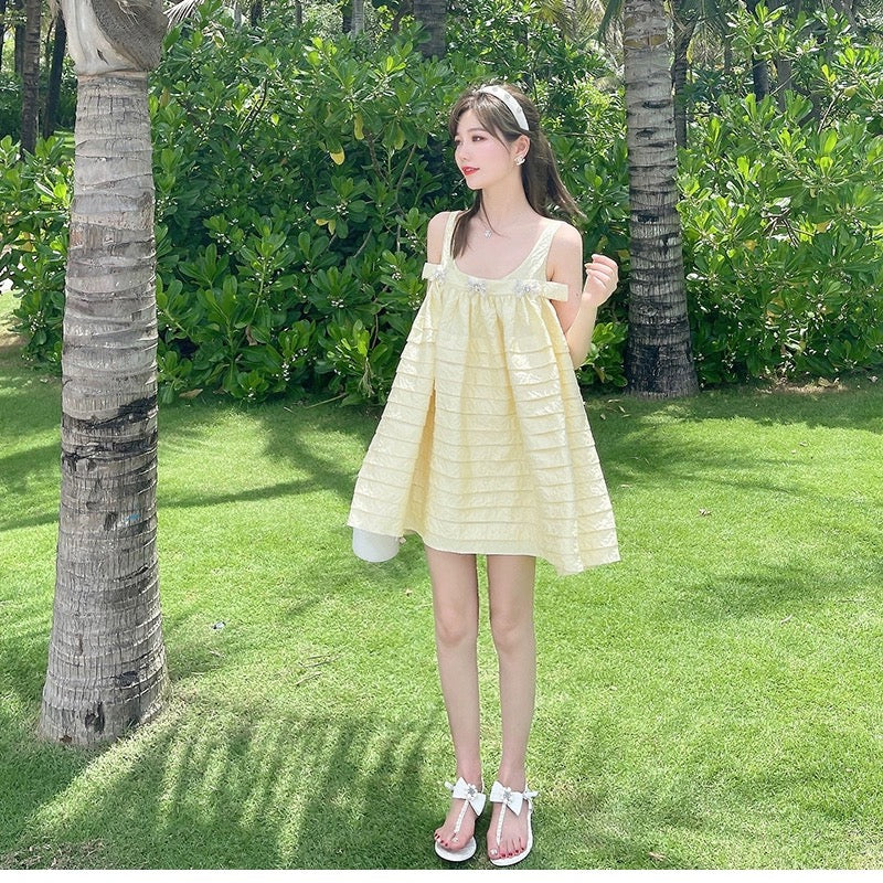 Suspender dress women's summer loose baby doll yellow jacquard heavy industry daughter French style little fragrance suspender dress