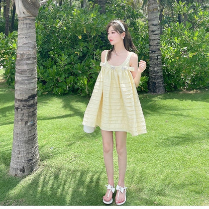 Suspender dress women's summer loose baby doll yellow jacquard heavy industry daughter French style little fragrance suspender dress