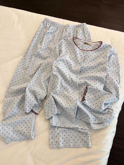 Sin Glee Women's Long-Sleeve Pajama Set with Heart Print – Spring/Autumn Casual Loungewear with Long Pants