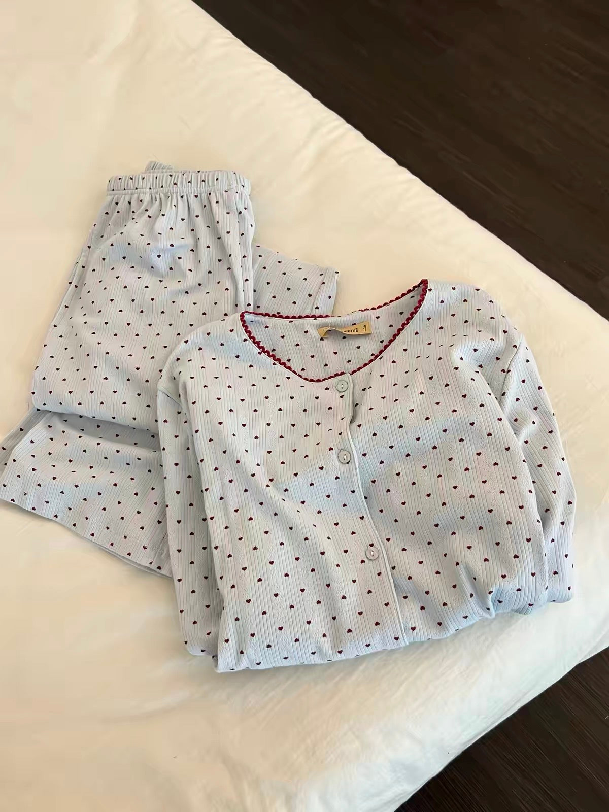 Sin Glee Women's Long-Sleeve Pajama Set with Heart Print – Spring/Autumn Casual Loungewear with Long Pants
