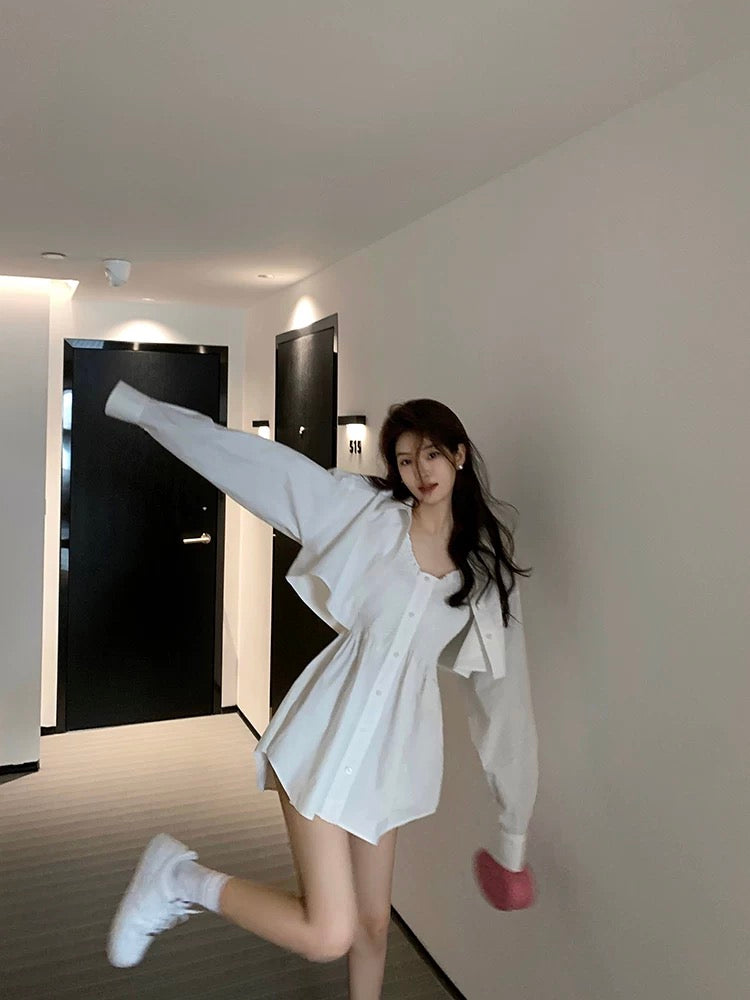 Tongse | Xiaoju's same style suit, Dawang hot girl's daily shirt skirt two-piece white dress for women