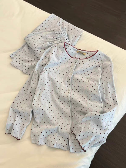Sin Glee Women's Long-Sleeve Pajama Set with Heart Print – Spring/Autumn Casual Loungewear with Long Pants