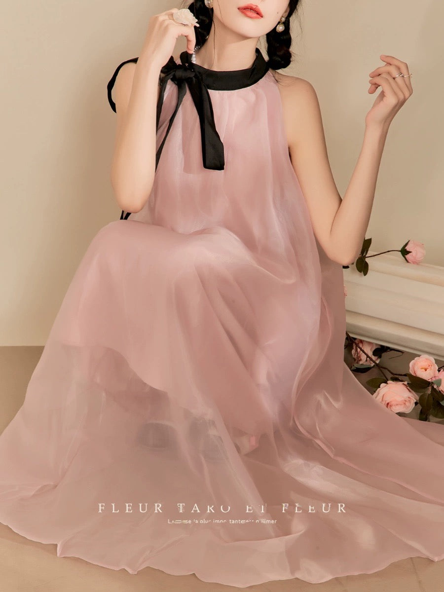 Qiao and the Flower Bottle / Dress for Women Spring and Summer French Gentle Retro Elegant Pink Ribbon Loose Swing Skirt