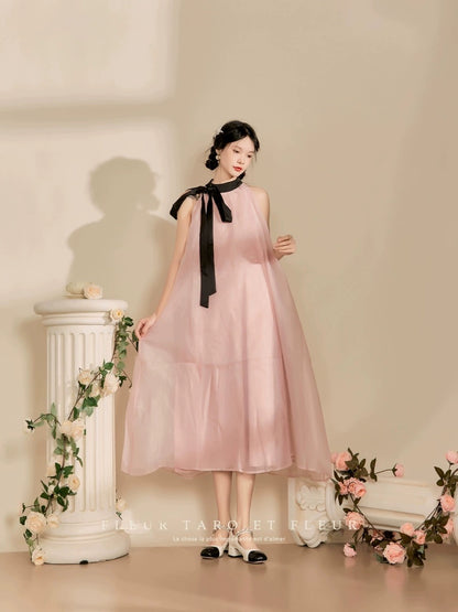 Qiao and the Flower Bottle / Dress for Women Spring and Summer French Gentle Retro Elegant Pink Ribbon Loose Swing Skirt