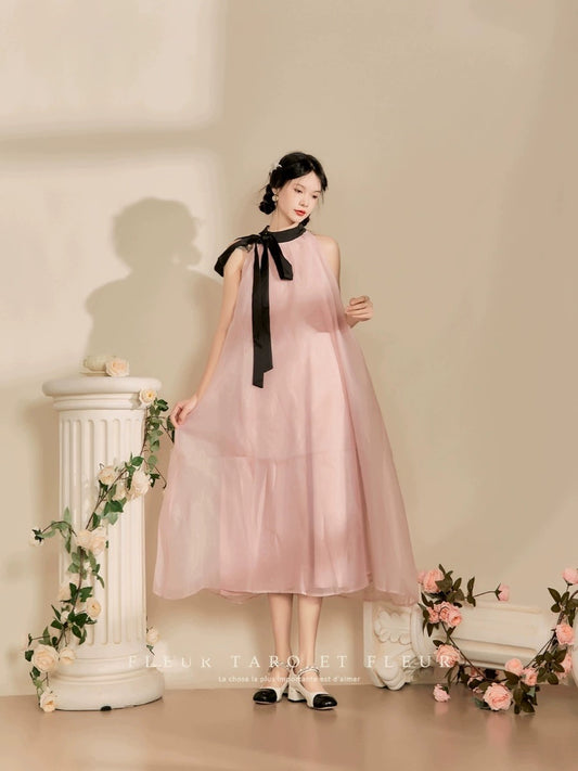 Qiao and the Flower Bottle / Dress for Women Spring and Summer French Gentle Retro Elegant Pink Ribbon Loose Swing Skirt