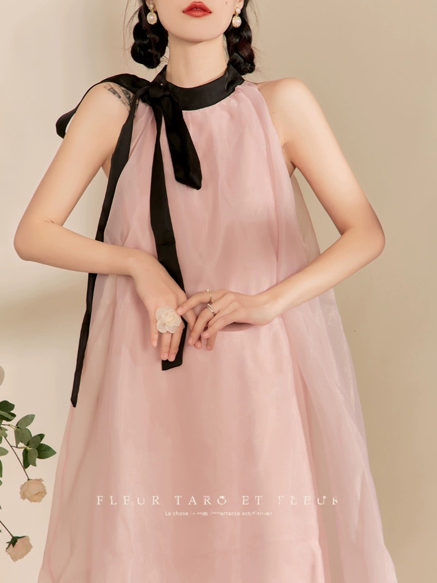 Qiao and the Flower Bottle / Dress for Women Spring and Summer French Gentle Retro Elegant Pink Ribbon Loose Swing Skirt