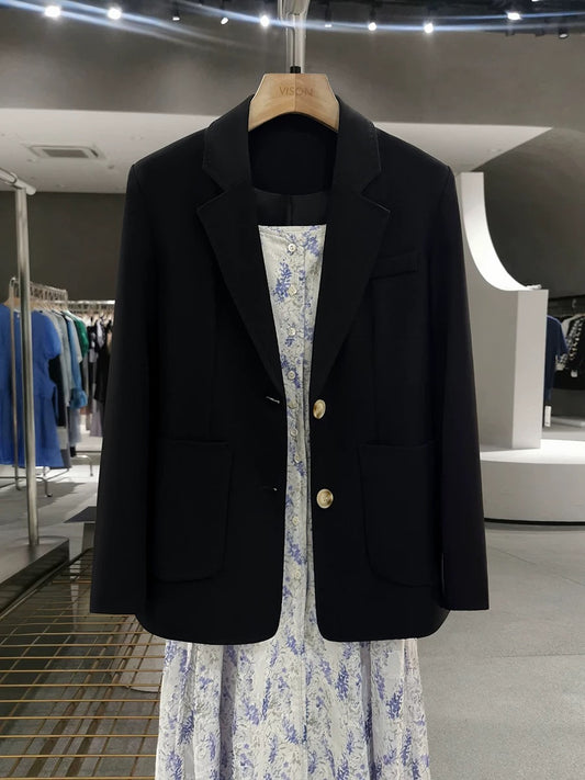 Black Korean style slim suit jacket women 2025 new spring and autumn high-end professional Hepburn style early spring suit