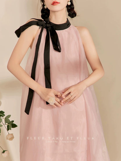 Qiao and the Flower Bottle / Dress for Women Spring and Summer French Gentle Retro Elegant Pink Ribbon Loose Swing Skirt
