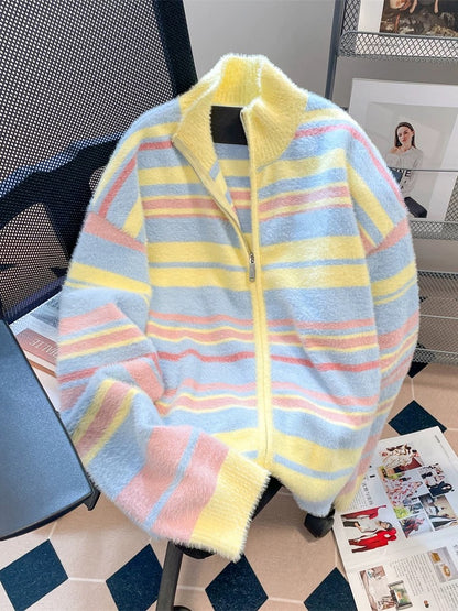 Autumn and winter sweet and super nice rainbow striped sweater female artistic raw milk fufu mohair knitted cardigan jacket