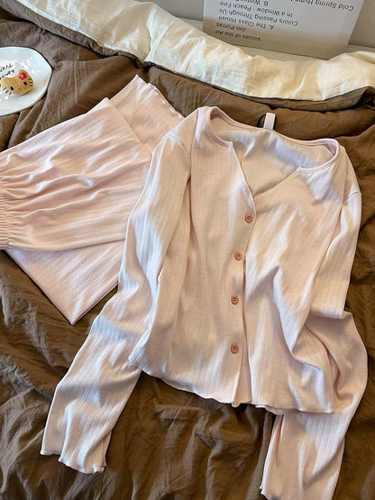 Sweet & Girly Pink Long-Sleeve Pajama Set – Autumn 2026 New Arrival: Minimalist, Relaxed-Fit Loungewear with Long Pants