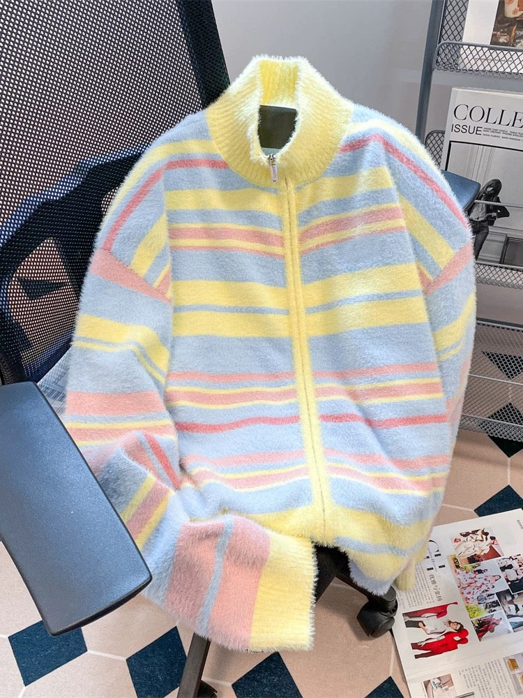 Autumn and winter sweet and super nice rainbow striped sweater female artistic raw milk fufu mohair knitted cardigan jacket