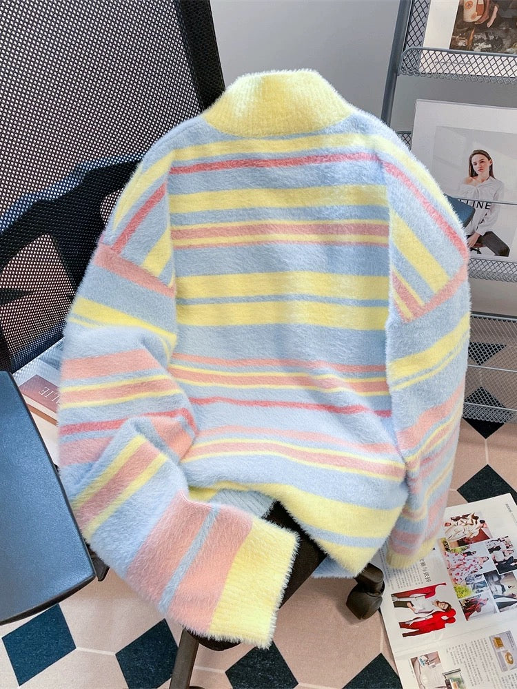 Autumn and winter sweet and super nice rainbow striped sweater female artistic raw milk fufu mohair knitted cardigan jacket