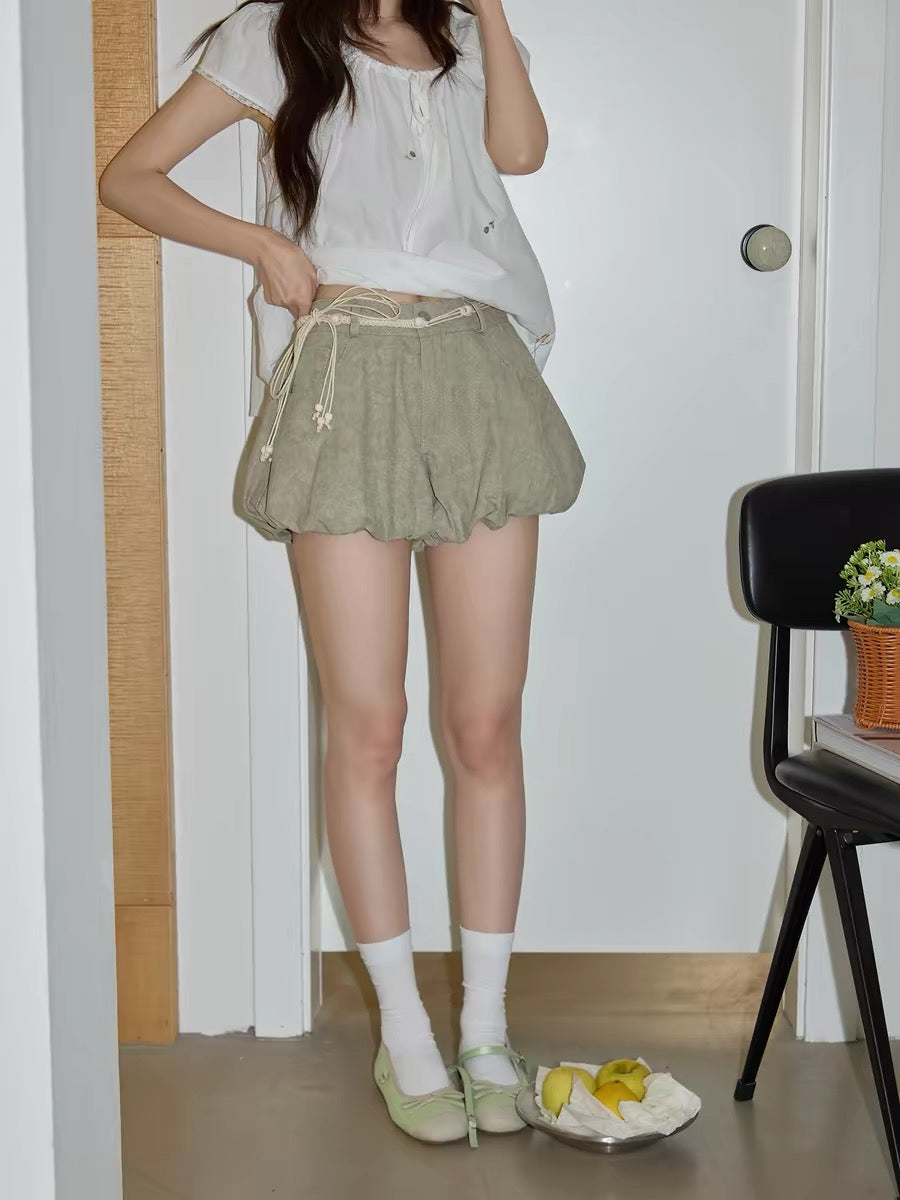 Chaochao Home Design Khaki Flower Tulip Casual Pants Women's 2026 Summer Gentle High-Waisted Shorts Hip-Covering Hot Pants