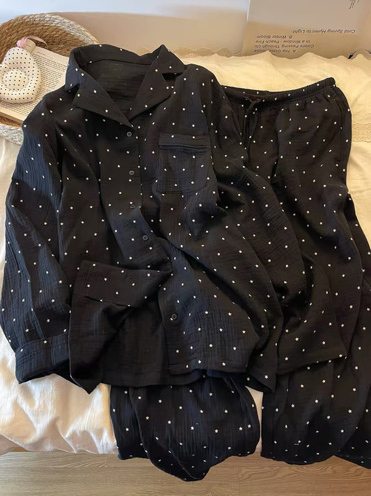 Insta-style" Korean-inspired star-print cotton gauze pajama set for women—new long-sleeve, long-pant loungewear for spring and autumn