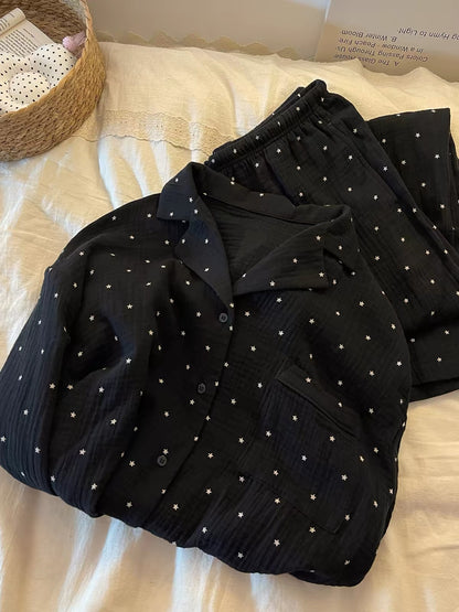 Insta-style" Korean-inspired star-print cotton gauze pajama set for women—new long-sleeve, long-pant loungewear for spring and autumn