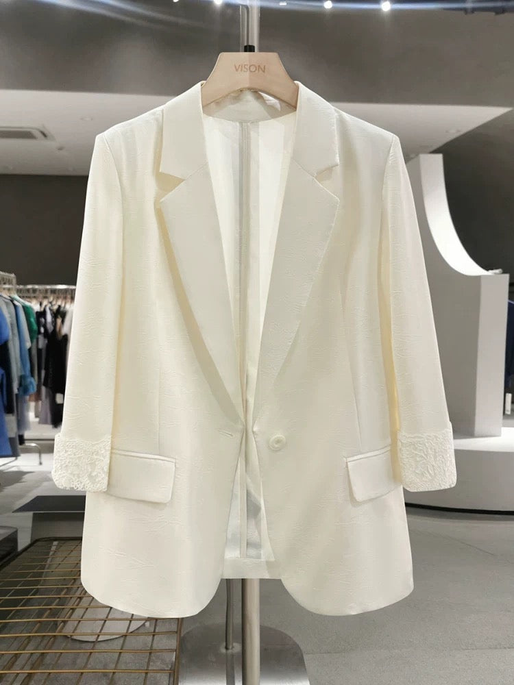 Off-white simple cuff lace thin suit jacket for women 2025 new summer imitation acetate texture suit
