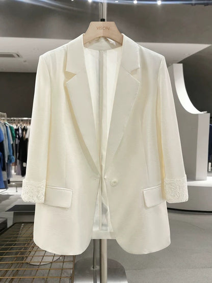 Off-white simple cuff lace thin suit jacket for women 2025 new summer imitation acetate texture suit