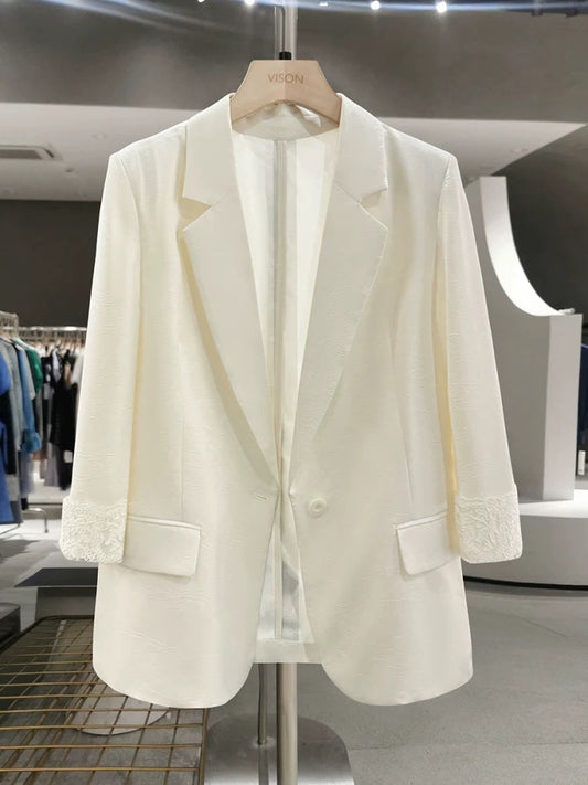 Off-white simple cuff lace thin suit jacket for women 2025 new summer imitation acetate texture suit