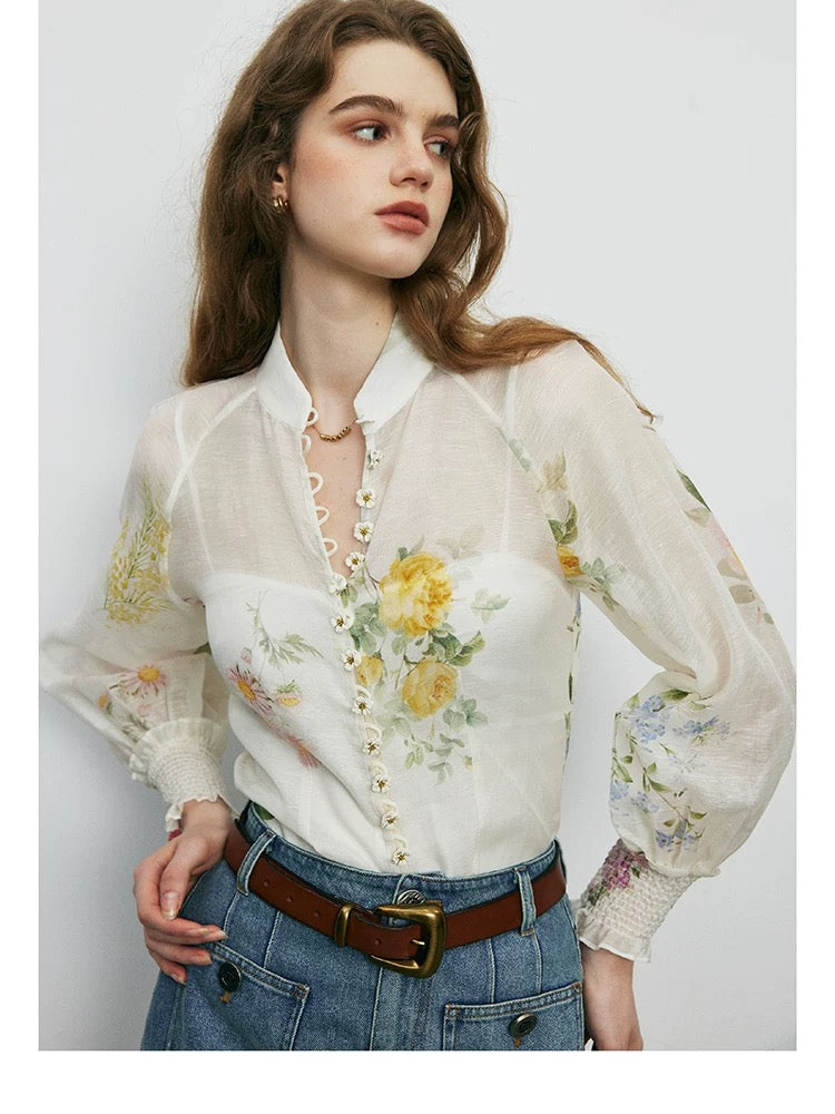 Ready stock ~ 6000+ silk linen shirts, French stand-up collar, lantern sleeves, printed mulberry silk sunscreen tops on the counter