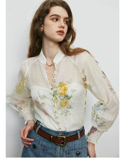 Ready stock ~ 6000+ silk linen shirts, French stand-up collar, lantern sleeves, printed mulberry silk sunscreen tops on the counter