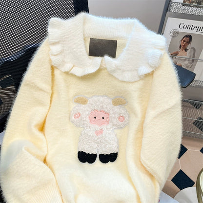 Fufu yellow cute doll collar soft waxy sweater for women autumn and winter gentle thickened imitation mink wool sweater top