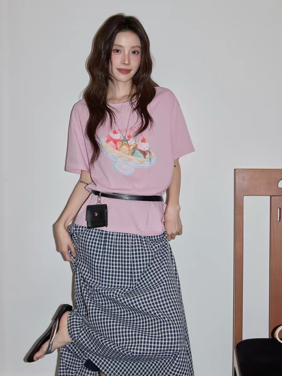 Chaochao Home Design Pink Printed Short-Sleeve T-Shirt Women's 2026 Summer Round Neck Casual Loose Short-Sleeve Top