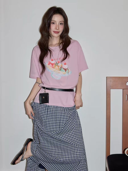 Chaochao Home Design Pink Printed Short-Sleeve T-Shirt Women's 2026 Summer Round Neck Casual Loose Short-Sleeve Top