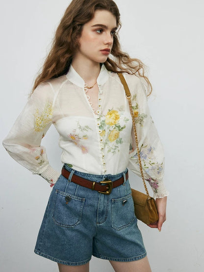 Ready stock ~ 6000+ silk linen shirts, French stand-up collar, lantern sleeves, printed mulberry silk sunscreen tops on the counter