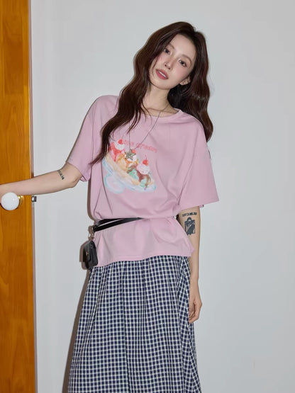 Chaochao Home Design Pink Printed Short-Sleeve T-Shirt Women's 2026 Summer Round Neck Casual Loose Short-Sleeve Top