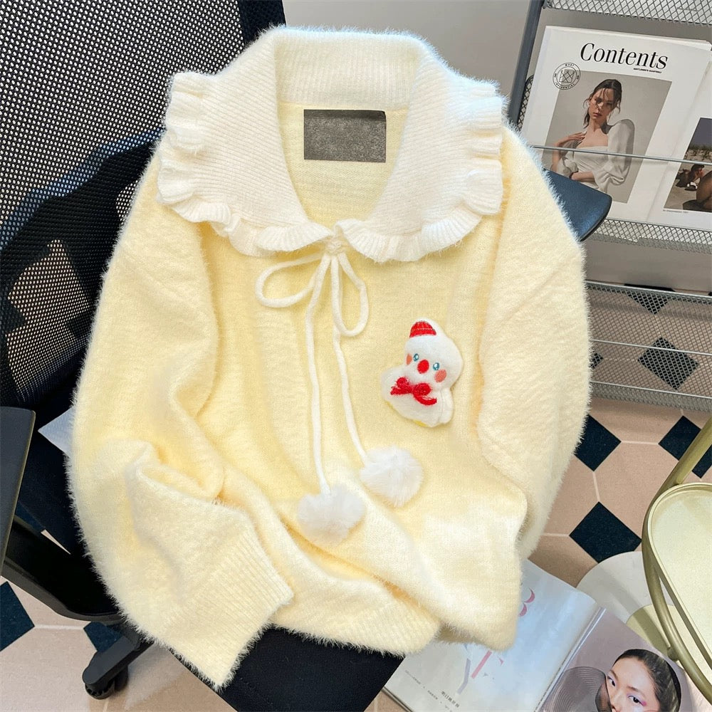 Naiguai Art Student Cute Snowman Doll Collar Sweater Women's Autumn and Winter Korean Style High-Quality Mohair Soft Waxy Sweater