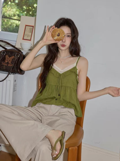Chaochao's Green Faux Two-Piece Lace Camisole Vest for Women, Summer 2026, High-End Ruffled Tie-Waist Top
