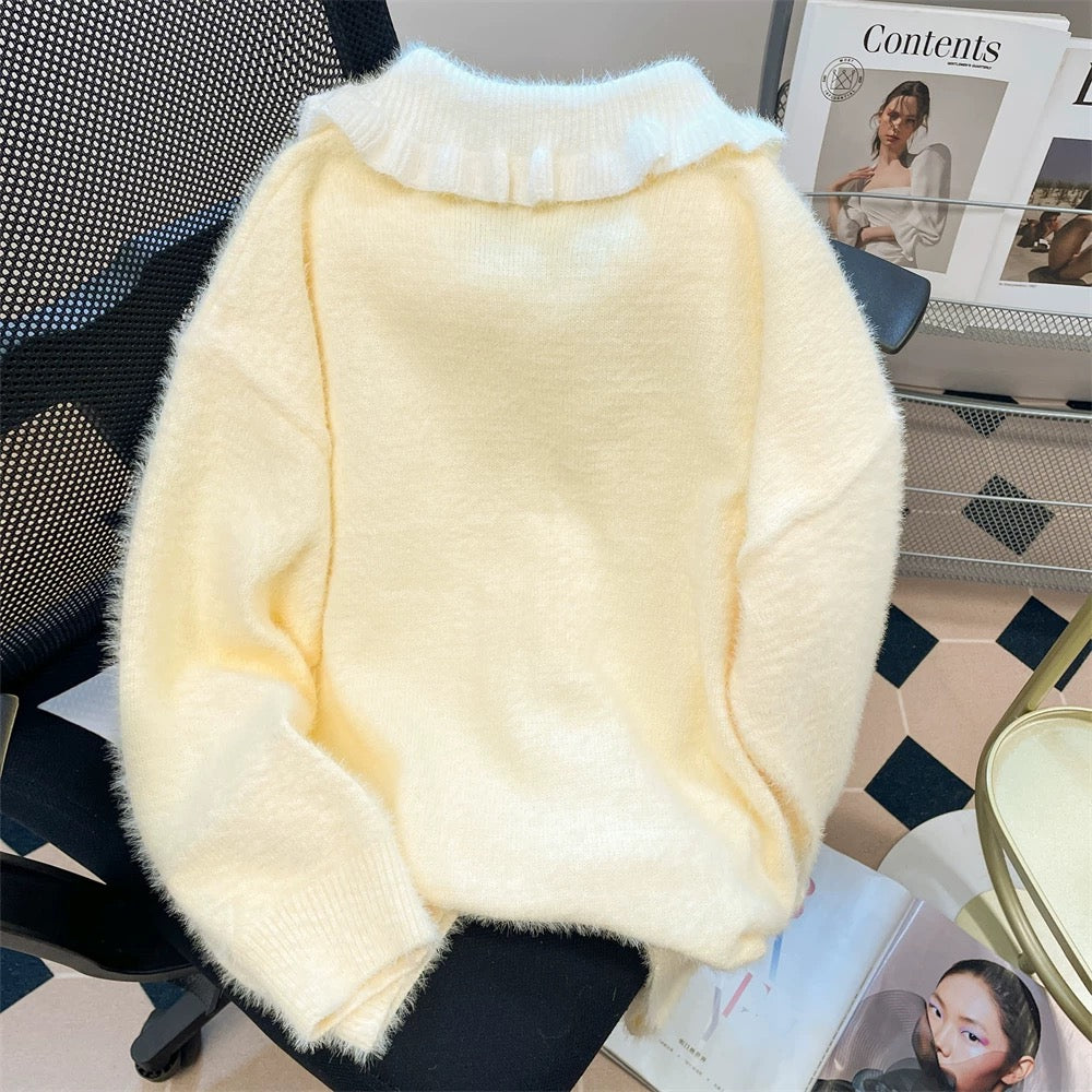 Naiguai Art Student Cute Snowman Doll Collar Sweater Women's Autumn and Winter Korean Style High-Quality Mohair Soft Waxy Sweater