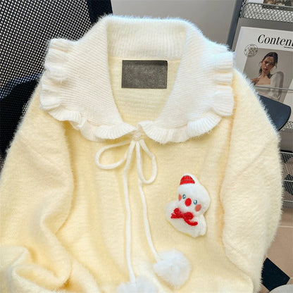 Naiguai Art Student Cute Snowman Doll Collar Sweater Women's Autumn and Winter Korean Style High-Quality Mohair Soft Waxy Sweater