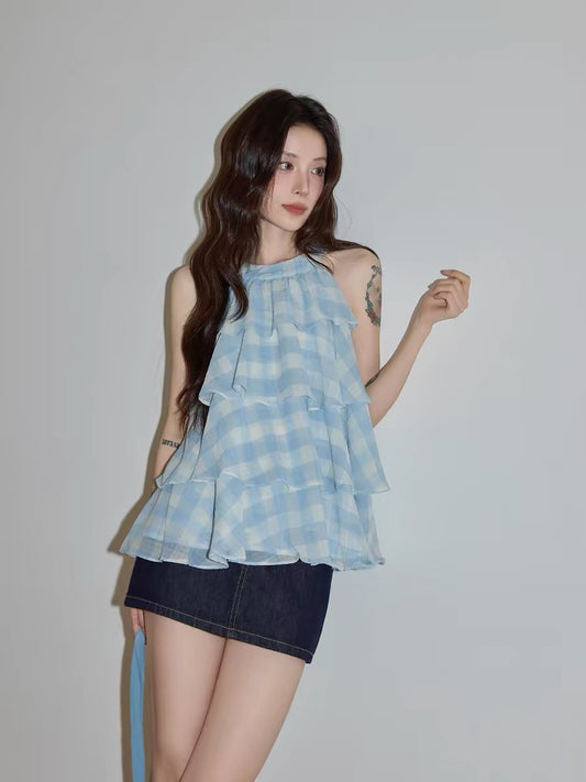 Chaochao's Blue Plaid Halter Neck Vest for Women, Summer 2026, Fresh and Casual Ruffled Sleeveless Top